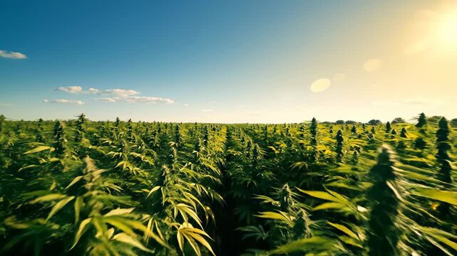 Moving shot through a large field of green cannabis plants. Industrial hemp cultivation on a sunny day. Agricultural plantation concept