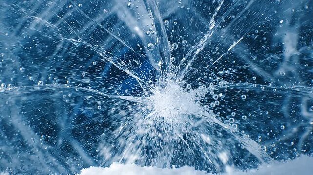 Close-up view of ice with a starburst crack pattern, revealing frozen bubbles and texture