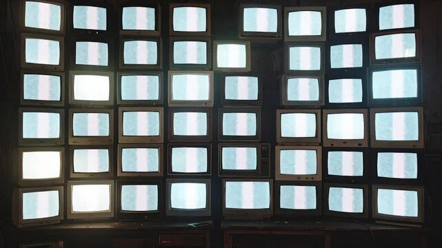 Many old cathode ray tube TVs are stacked together on a wood surface, most showing static