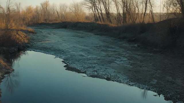 Riverbed experiencing drought, with trees reflecting in the minimal water during a cold landscape scene, conveying concepts of scarcity and climate impact