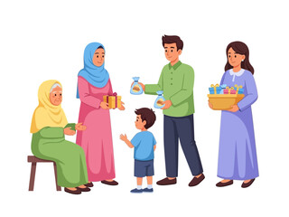 Fototapeta premium Muslim Family Giving Eid Al-Fitr Gifts and Hampers to Grandmother 