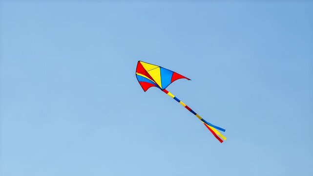 Colorful kite soaring high in a clear blue sky, symbolizing freedom and joy during outdoor play