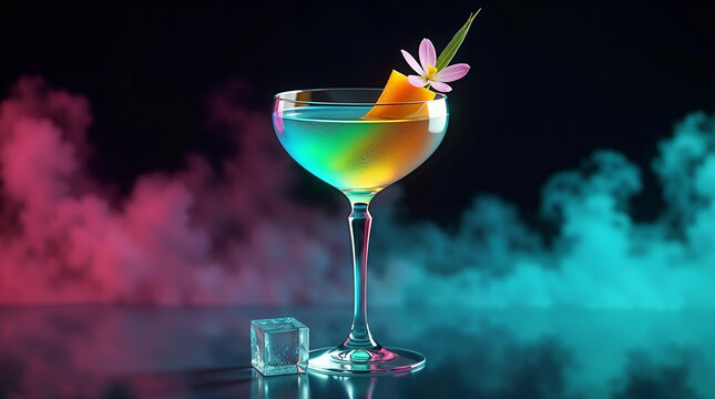 Elegant rainbow neon cocktail in a coupe glass with a pink flower garnish and glowing ice on a smoky dark background