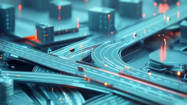 Urban landscape with an intricate network of modern highways and multiple overpasses, illustrating advanced transportation systems and smart city concepts with digital connectivity