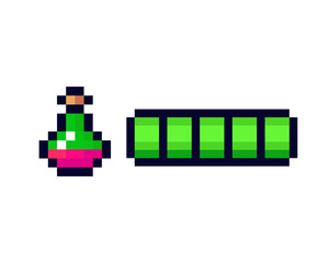 Pixel art potion and health bar icons for retro video games and user interfaces