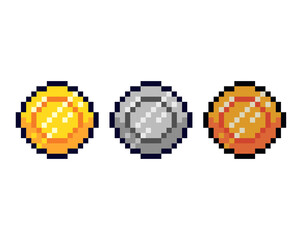 Pixel art gold, silver, and bronze coins arranged side by side
