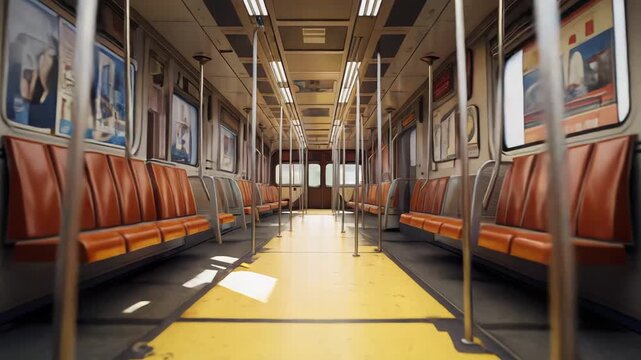 Empty urban subway train interior featuring rows of vintage orange seats and metal poles, highlighting themes of solitude, urban commute, and public transport