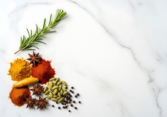 Fototapeta premium A minimalist flat lay featuring a fresh rosemary sprig and colorful piles of spices on a white marble countertop