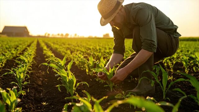 Farmer tending young corn plants in a sunlit field; a barn is blurred in the background
