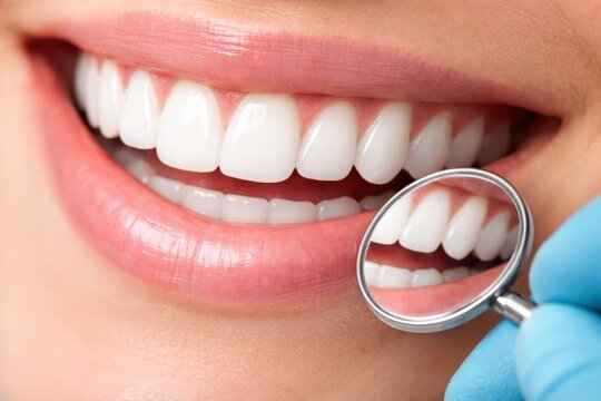 Healthy white teeth shown in dental mirror with perfect smile close up detail