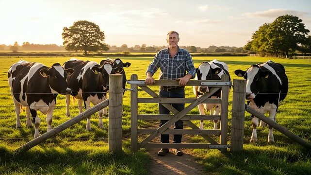 Farmer standing at a gate with cows in a lush green field during sunset, peaceful rural scene