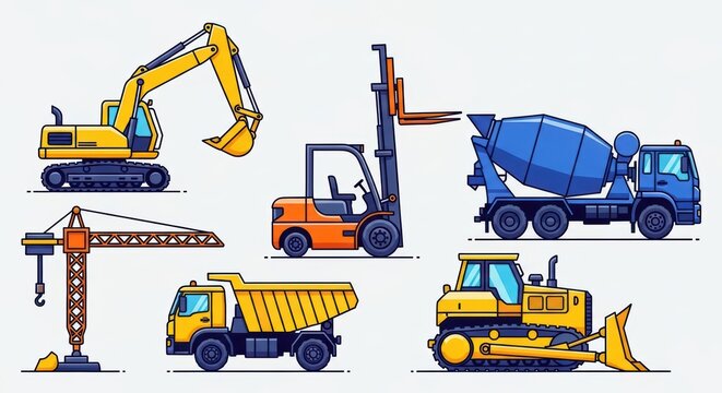 Construction vehicles cartoon set. Heavy equipment collection.