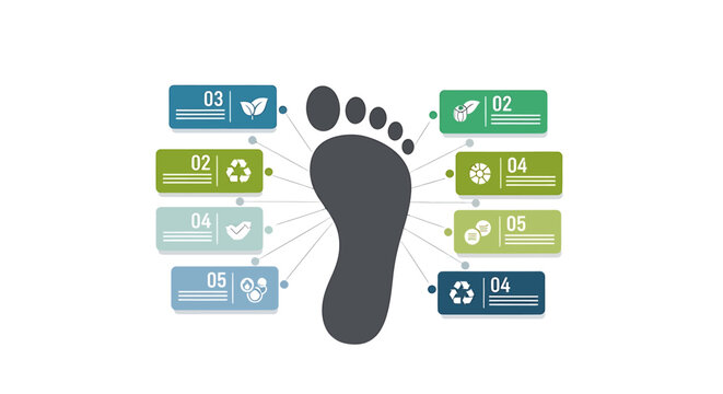 Infographic illustrating the ecological footprint concept with various environmental icons and numbered steps for sustainability and impact analysis.