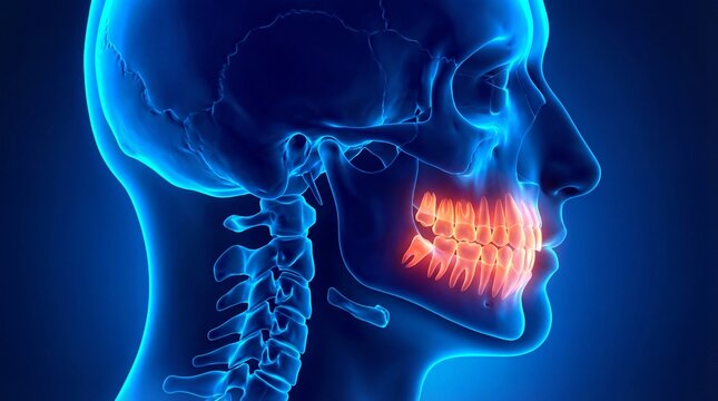 Human skull with highlighted teeth in a digital illustration showcasing jaw and dental structure in a blue gradient background