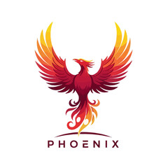 Fototapeta premium Vibrant graphic representation of a majestic mythical phoenix rising, symbolizing strength, renewal, and fiery energy with flowing wings in warm gradients, designed as a powerful emblem or logo