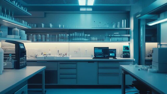 Modern scientific research laboratory operating with an innovative design, featuring various test tubes, equipment, and computer screens displaying data for biological or chemical analysis