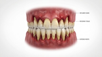 Obraz premium Detailed 3D rendering of human teeth showing signs of gum recession with labels for inflamed gums, receding tissue, and exposed roots, highlighting oral health issues and dental anatomy.