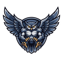 Naklejka premium Mascot Owl With Muscular Body And Spread Wings On A Shield Background