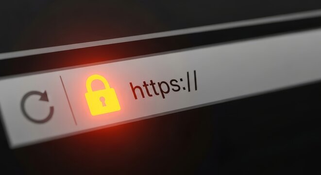 Secure website https connection with glowing yellow padlock icon on browser address bar at night