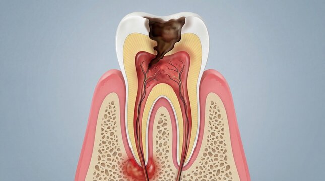 Detailed illustration showing the internal structure of a decayed tooth with visible nerves and surrounding gums and bone tissue in a dental anatomy context for educational purposes very clearly.