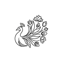 Fototapeta premium Elegant stylized line art illustration of a majestic peacock with a magnificent tail formed by blooming lotus flowers, symbolizing beauty, nature, and grace in a decorative graphic