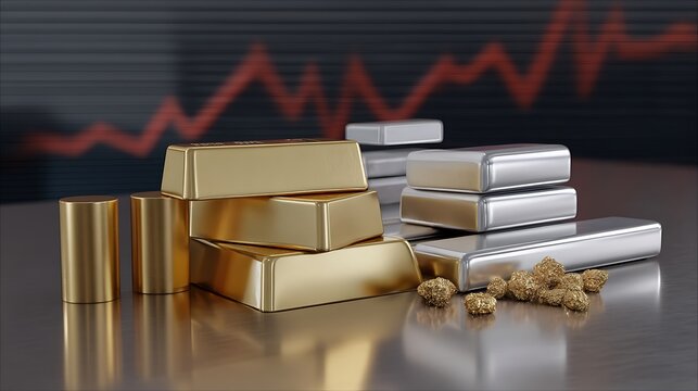 Gold and Silver Bars on Market Background with Rising Trend Graph