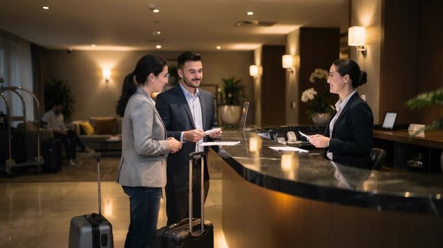 Business travelers check in at a modern hotel reception desk while a receptionist assists with documents and room keys.