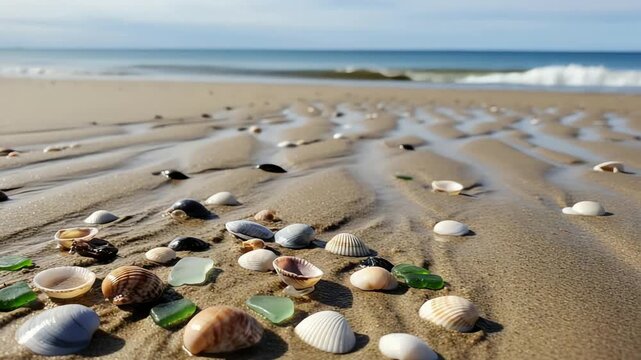 Close-up of colorful seashells and sea glass on a sandy beach with calm waves in the background