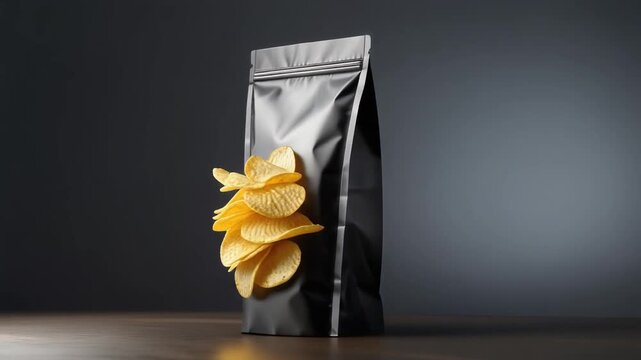 Crispy golden potato chips in a sleek black matte bag on wooden surface with dark background