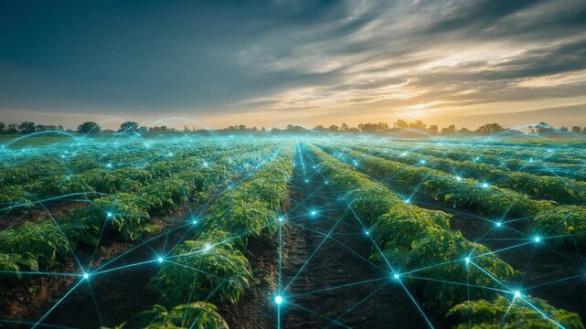 Smart agriculture technology concept with connected plants and digital network overlay at sunset