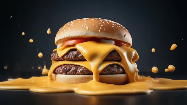 Delicious double cheeseburger with melting cheese splash on dark background appetizing fast food meal