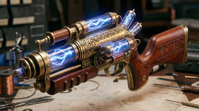 A detailed close-up object shot of a fantastical raygun made of brass, polished mahogany, and glass vacuum tubes that glow with electric blue energy.