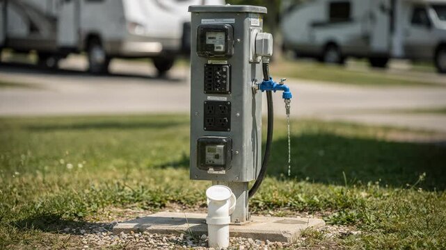 Medium shot of a fullhookup RV pedestal including power water and sewer connections with sharp detail on the utility panel and blurred vehicles in the background