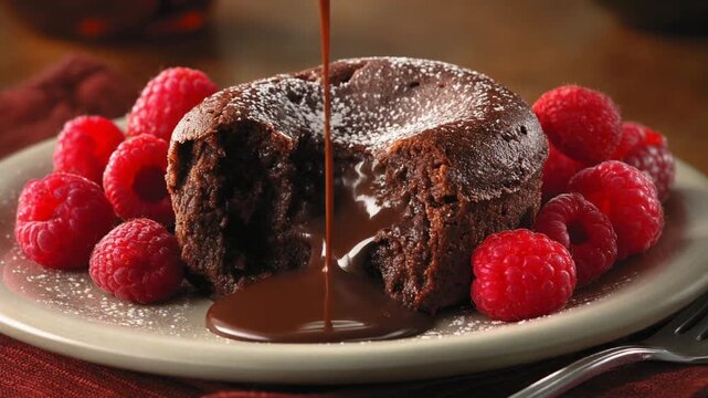 Delicious molten chocolate lava cake with fresh raspberries and chocolate sauce on a plate