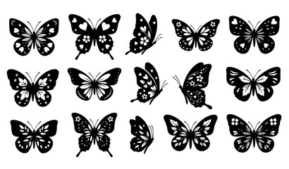 Romantic Black Butterfly Silhouette Icons with Floral and Heart Elements © MdIbrahimIslam