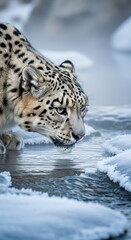 Fototapeta premium Majestic snow leopard in icy habitat: rare big cat drinking water amidst snowy wilderness