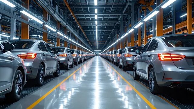 Rows of silver sedans on an assembly line inside a large, brightly lit industrial factory