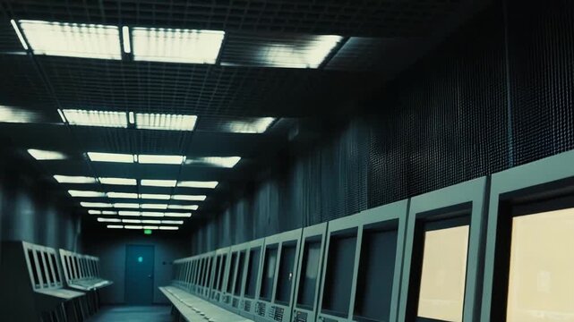 Control room featuring a long row of vintage computer monitors and control panels, creating an atmosphere of retro technology and data processing infrastructure