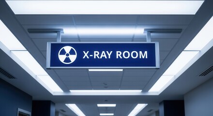 Hospital Corridor Signage Pointing To X-Ray Room, Healthcare Medical Diagnostic Center