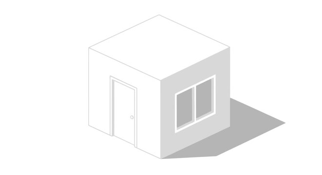Simple white isometric cube house with door and window.