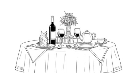 Line Art Still Life Table Setting with Wine Bottle Glasses and Bouquet.