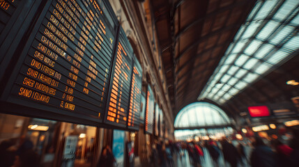 Departure Board Displaying Train Information in a Busy Station with People Walking Below