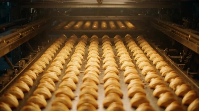 Endless rows of golden-brown baked goods moving on an industrial conveyor belt in a bakery