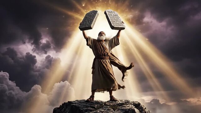 Moses holding the Ten Commandments on Mount Sinai. A dramatic biblical scene with divine light from the heavens. The prophet receiving God's law