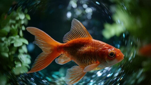 A Glimmering Goldfish Swimming Gracefully in a Vibrant Aquarium Surrounded by Lush Greenery and Sparkling Water Reflections, Capturing Nature's Underwater Beauty