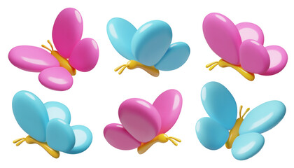 3d butterflies icons collection. Cute minimal pink and blue flying insects vector illustrations set isolated on white background.  © Anastasiia