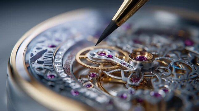 Close-up of a watchmaker meticulously assembling a complex mechanical timepiece with intricate details and precision instruments