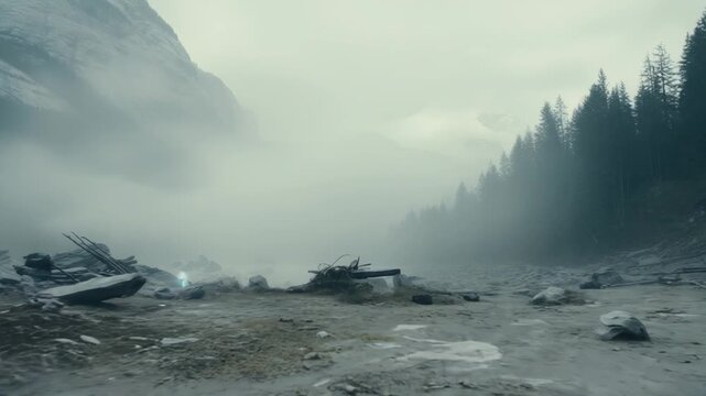 Foggy mountain landscape features a barren rock strewn foreground leading to a dense pine forest on the right, with peaks partially obscured by dense clouds