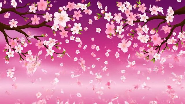 Artistic depiction of cherry blossom branches with falling petals against a gradient pink and purple sky