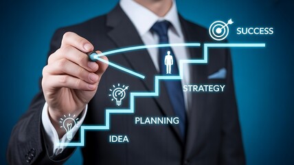 A person in a suit a staircase diagram with idea planning strategy and success on a blue background